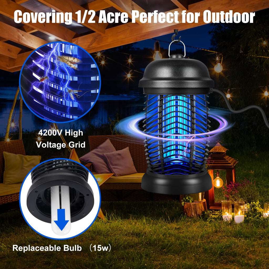 Bug Zapper Outdoor, 4200V Electric Mosquito & Fly Zapper, Black