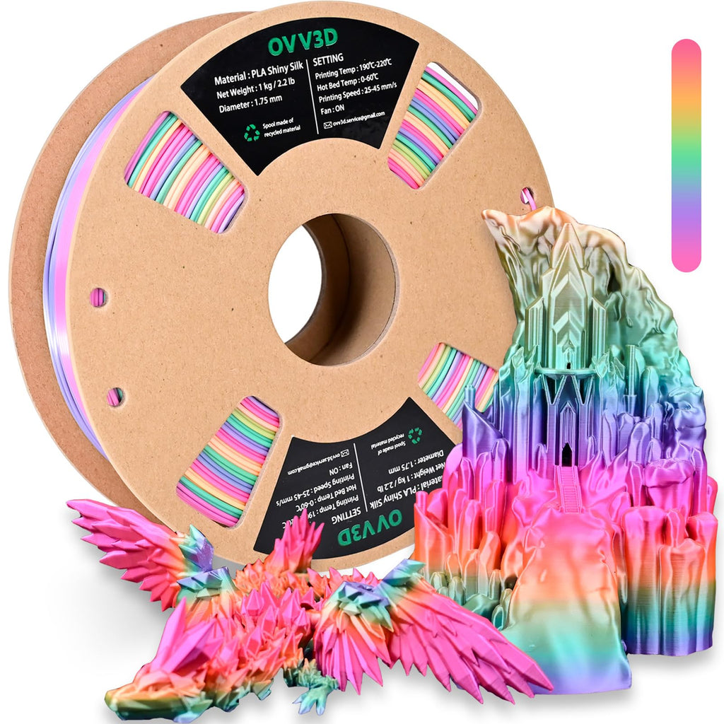 OVV3D Rainbow PLA Filament 1.75mm, PLA Silk PLA 3D Printer Filament Multicolor Silk Color Change Rainbow PLA Filament with Pink Purple Green Yellow, 3D Printing Filament 3D Filament, 1kg