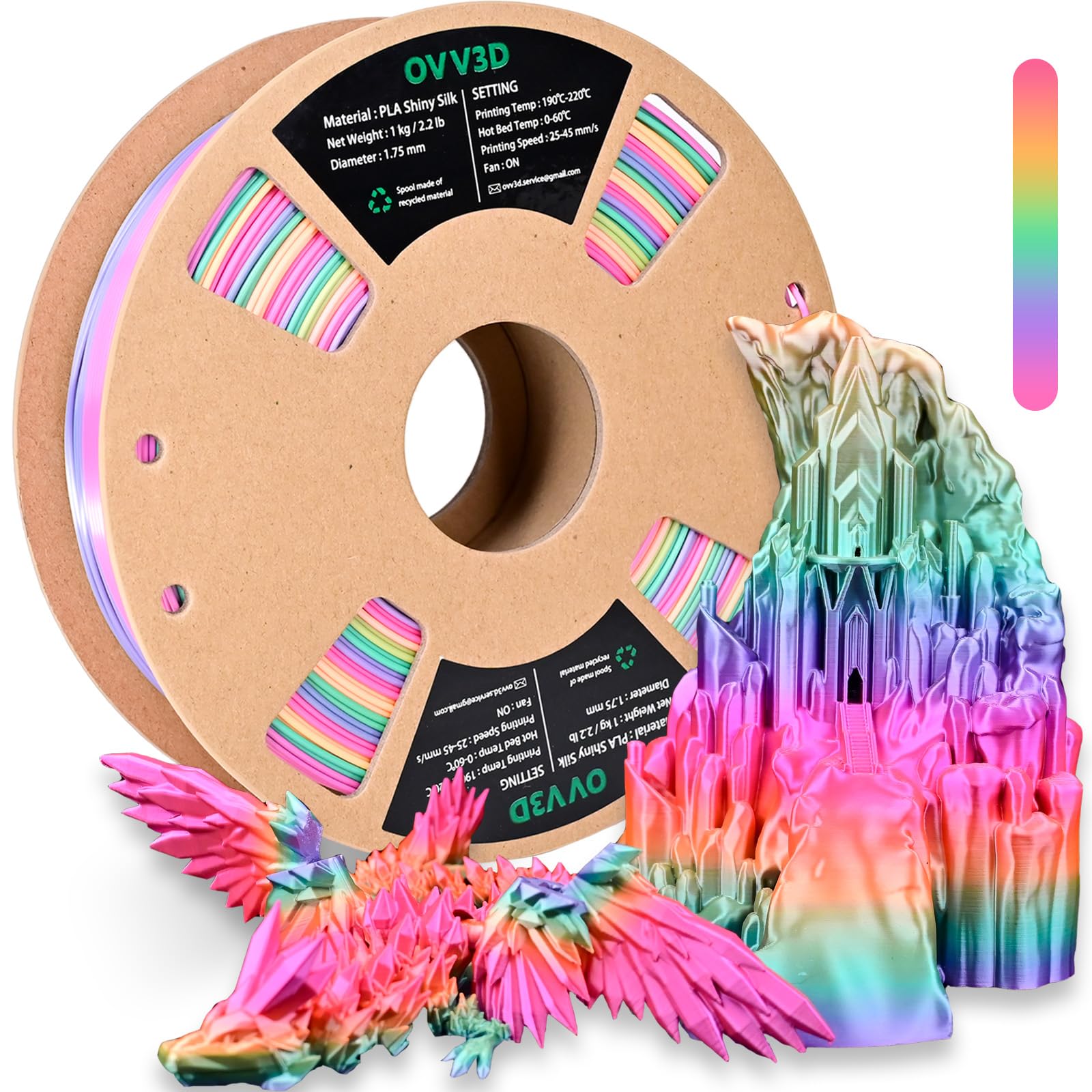 OVV3D Rainbow PLA Filament 1.75mm, PLA Silk PLA 3D Printer Filament Multicolor Silk Color Change Rainbow PLA Filament with Pink Purple Green Yellow, 3D Printing Filament 3D Filament, 1kg