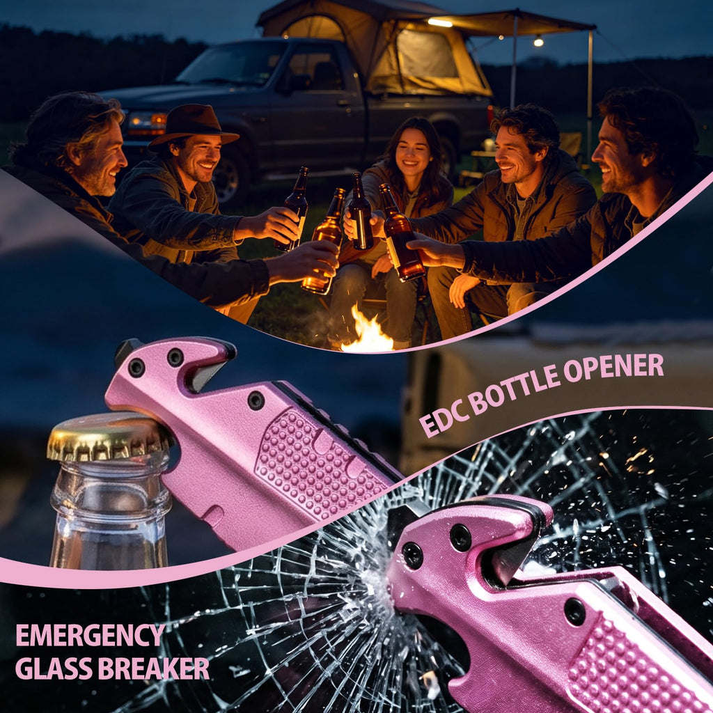 NedFoss FA48 Pink Pocket Knife for Women, 5-in-1 Tactical Knife with Clip, Glass Breaker, Seatbelt Cutter, Bottle Opener, Wrench, Aluminum Handle Survival Knife for Car Safety Essentials, Camping, Hunting