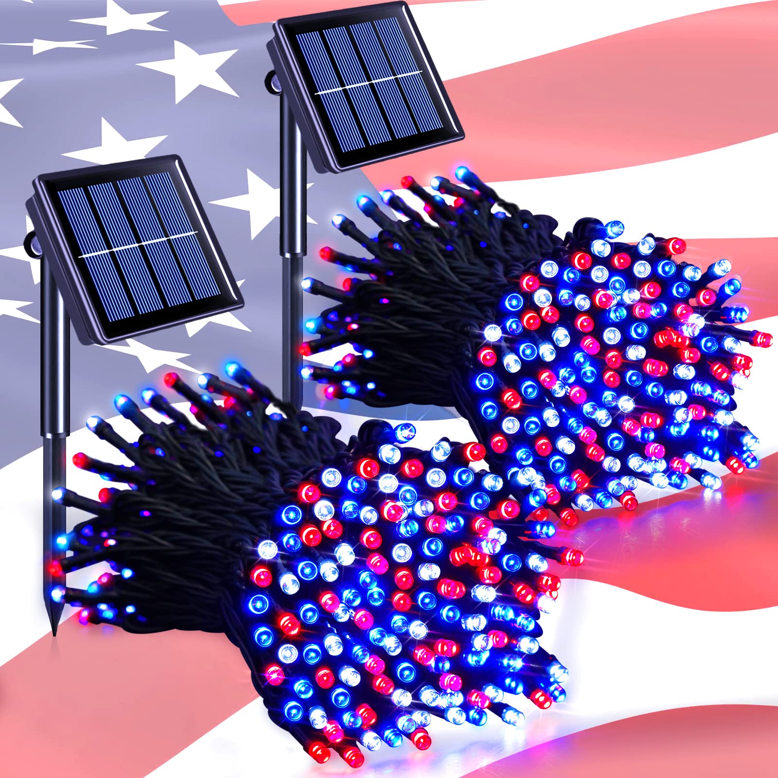 JMEXSUSS 2 Pack Red White and Blue Solar Lights, 200LED 75.5ft Patriot Solar String Lights Outdoor Waterproof, 8 Modes 4th of July Light for Independence Day Patio Garden Tree Decorations