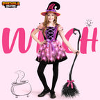 Spooktacular Creations Girls Light Up Witch Costume, Kids Witch Costume with Hat and Broom for Toddler Halloween Dress Up Parties (Toddler (3-4yr))