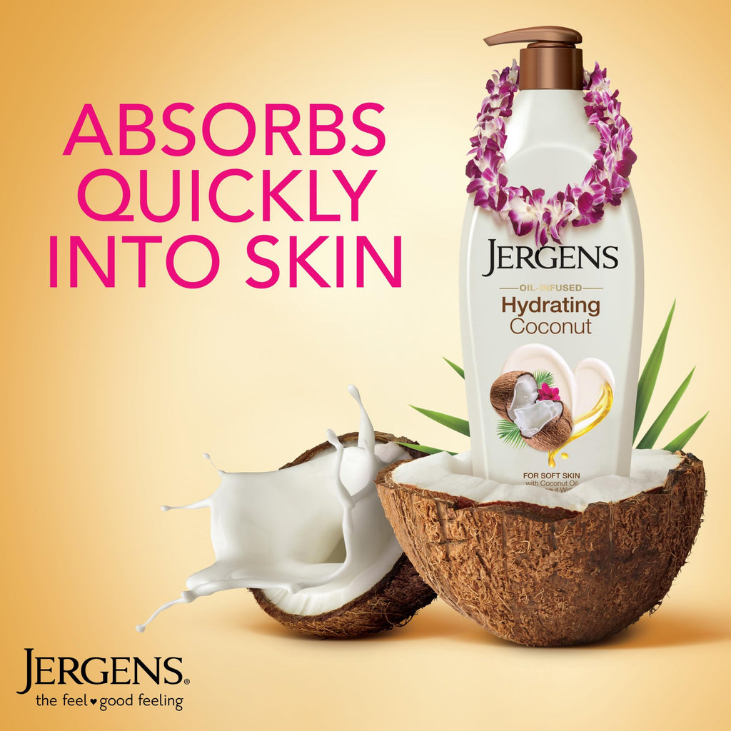Jergens Hydrating Coconut Body Lotion, Hand and Body Moisturizer, Infused with Coconut Oil, Hydrates Dry Skin Instantly, Dermatologist Tested, 16.8 oz, Pack of 3