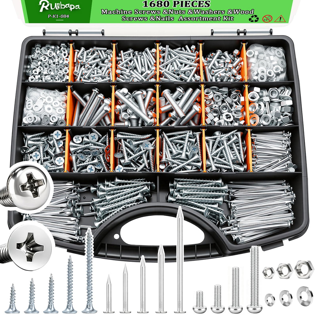 Ruibapa 1680pcs Nails and Screws Assortment Kit,3/4"-2" Hardware Nails,M3/M4/M5/M6 Machine Screws,#6#8 High Hardness Wood Screws,Assorted Screws, Common Nails with Handheld Box