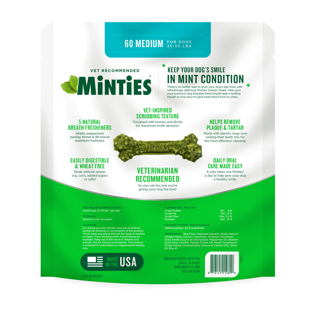 Minties Mint Dental Chews for Dogs, Medium Breeds 25-50 lbs, 60 Ct
