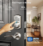 Veise Fingerprint Door Lock with 2 Lever Handles - Keyless Entry Door Lock, Electronic Keypad Deadbolt, Digital Smart Code & Front Handle Sets, Auto-Locking, Easy Installation, Satin Nickel