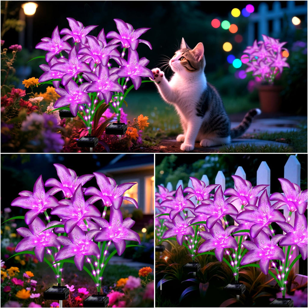 Solar Garden Lights 4 Pack 16 Purple Lily Flowers, Gifts for Mom Woman Birthday Outdoor Solar Flower Lights,Cemetery Flowers for Grave - Decorative Lilies for Yard, Patio, Pathway Decorations