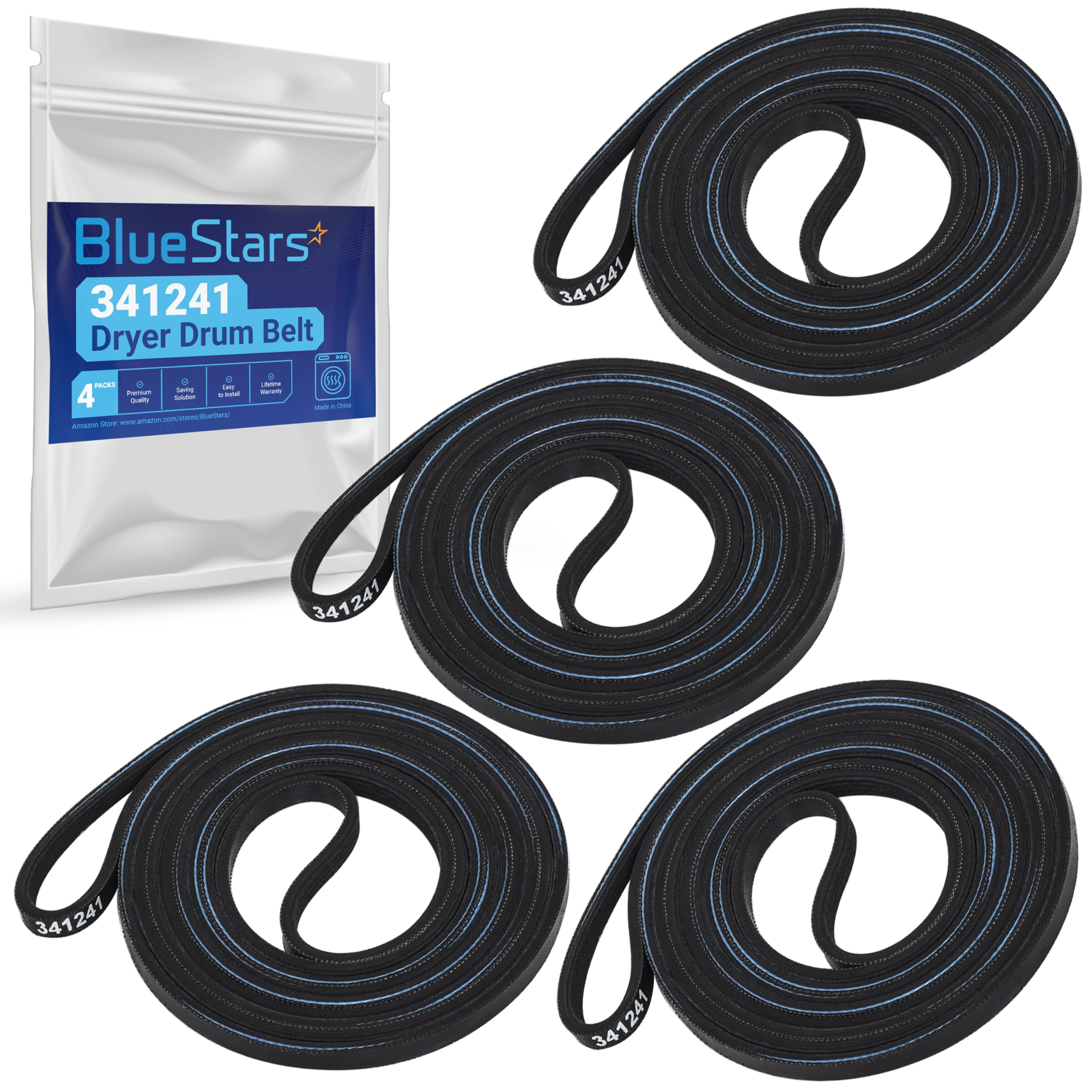 BlueStars 341241 Dryer Drum Belt - Compatible with Whirlpool Kenmore Dryers - Replaces 8066065 AP2946843 W10127457 PS346995 14210003 31531589 31001026 3394651 529597 - Pack of 4