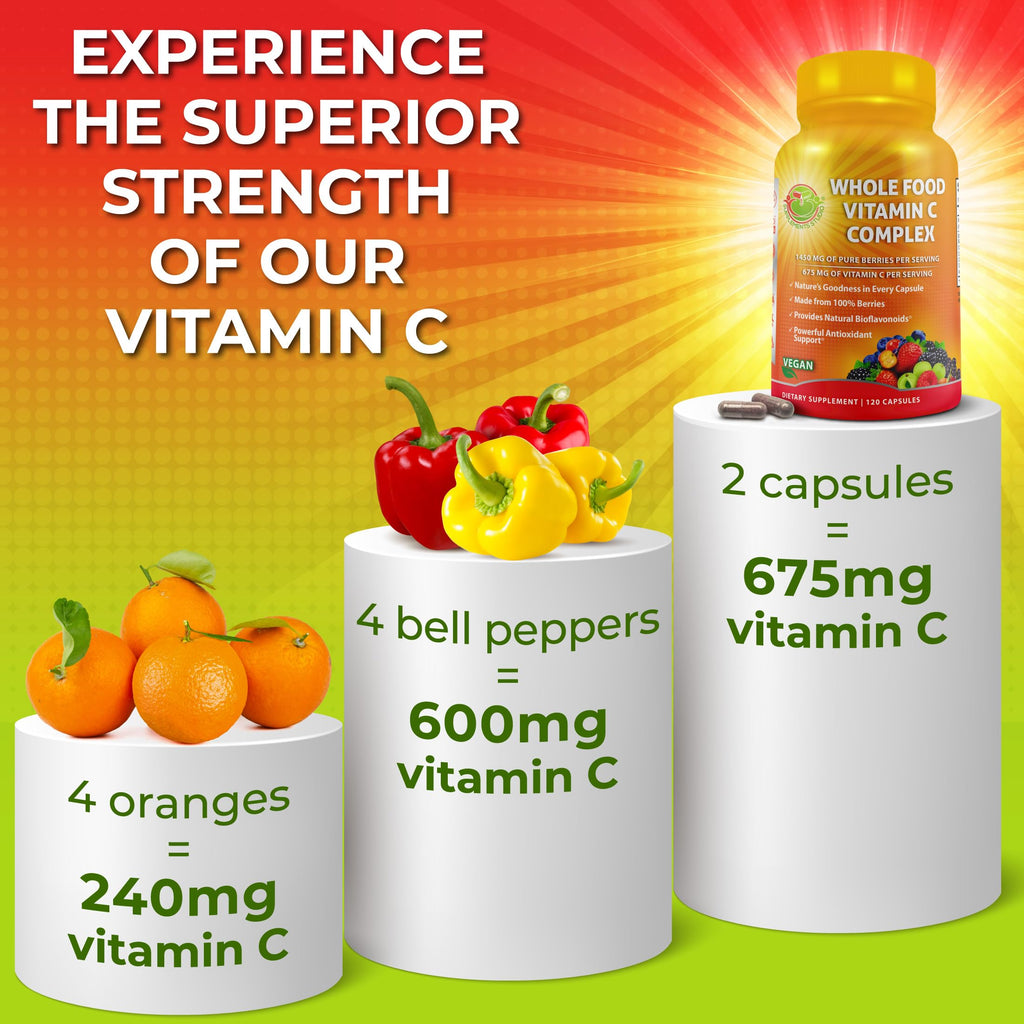 Whole Food Vitamin C Complex - 1450mg Organic Berries - 675 mg Vitamin C per Serving, High-Potency Antioxidant & Immune Support with Acerola, Amla and Natural Bioflavonoids - Vegan, Non-GMO, 120 Count