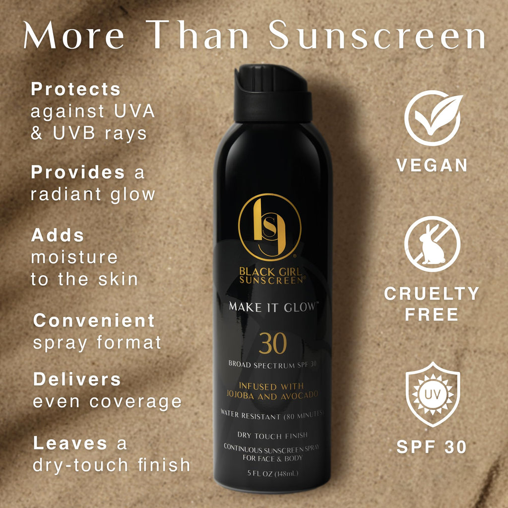 Black Girl Sunscreen Make it Glow Sunscreen Spray for Face & Body- SPF 30, Skin Protection for Travel & Beach, Water Resistant for 80 minutes, Ultra Sheer, No White Cast for Melanin Rich Skin- 5 fl oz