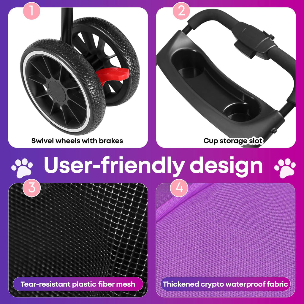 Pet Stroller,Dog Stroller for Small Medium Dogs Cats,3 Wheels,Foldable,with Breathable Mesh Canopy,Cup Holders,Easy Assembly,Purple