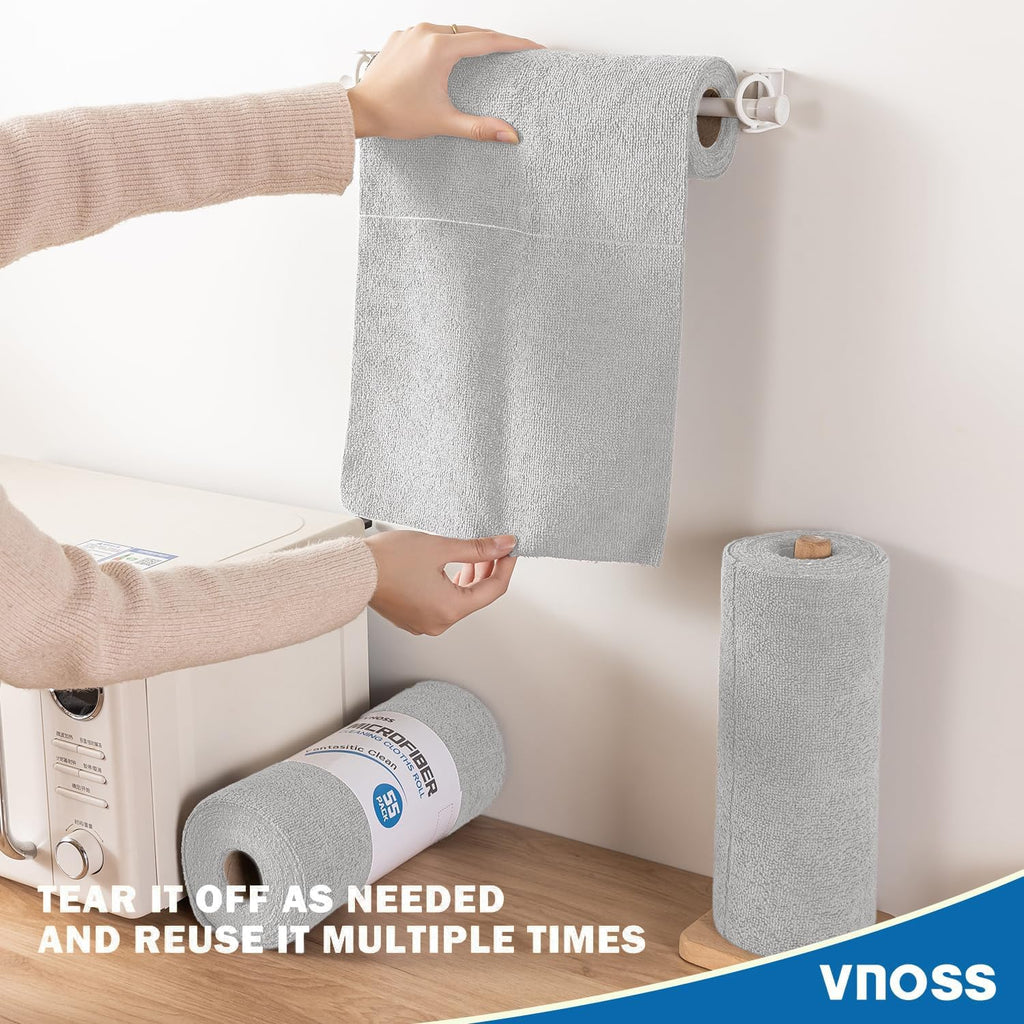 Vnoss 100 Pack Microfiber Cleaning Cloth Roll, Tear Away Reusable Towels, 11" X 9", Ultra Absorbent & Lint Free Cloth for Cars, Kitchen, Window, Home and Shop, Gray