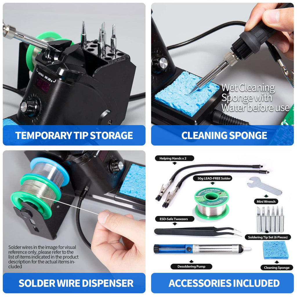 YIHUA 926 III 60W Digital Display Soldering Iron Station Kit w 2 Helping Hands, 6 Extra Iron Tips, Lead-Free Solder, Solder Sucker, S/S Tweezers, °C/ºF Conversion, Auto Sleep & Calibration Support