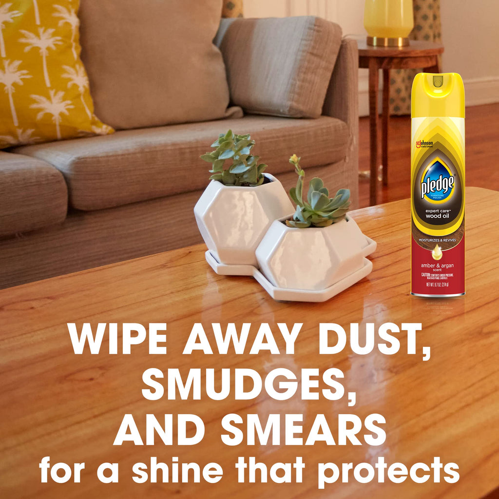 Pledge Moisturizing Wood Oil, Furniture Reviving & Protecting Conditioner and Dusting Spray, Revitalizes Wood, Sealed Leather & Laminate, Made with Mineral Oils - Amber & Argan Scent, 9.7oz, Pack of 3