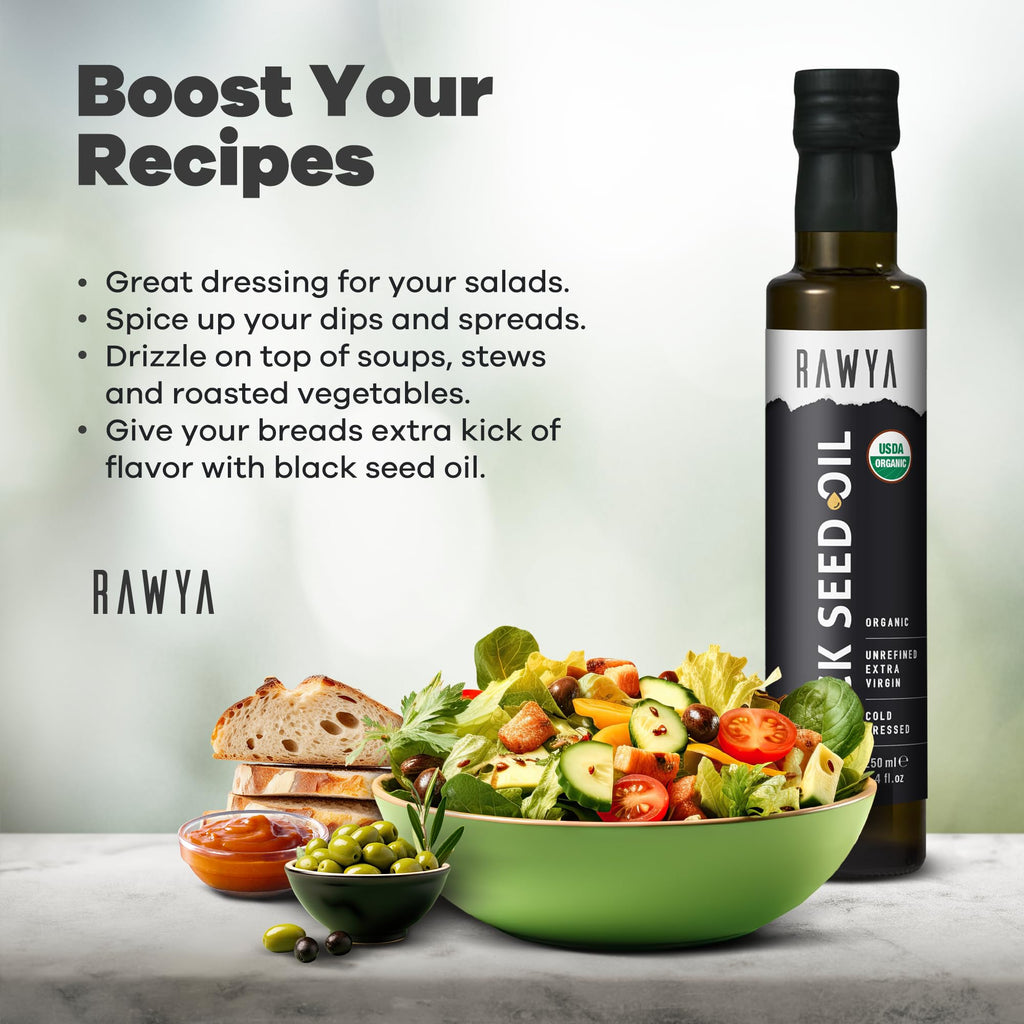 RAWYA Black Seed Oil - USDA Organic Certified - Cold Pressed - 8.4 Fl oz - Extra Virgin - Turkish Black Cumin Seed - Premium Nigella Sativa with Thymoquinone - Kalonji - Non-GMO, Gluten-Free - Nutritional Supplements - Extra Strong Taste