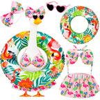 Ciyufavo 23 in Porch Goose Summer Outfit Bikini, Hawaiian Porch Goose Swimsuit Clothes Costume Accessories with Bow Glasses Swim Ring for 23" Summer Goose Garden Patio Statue Decor (Flamingos)