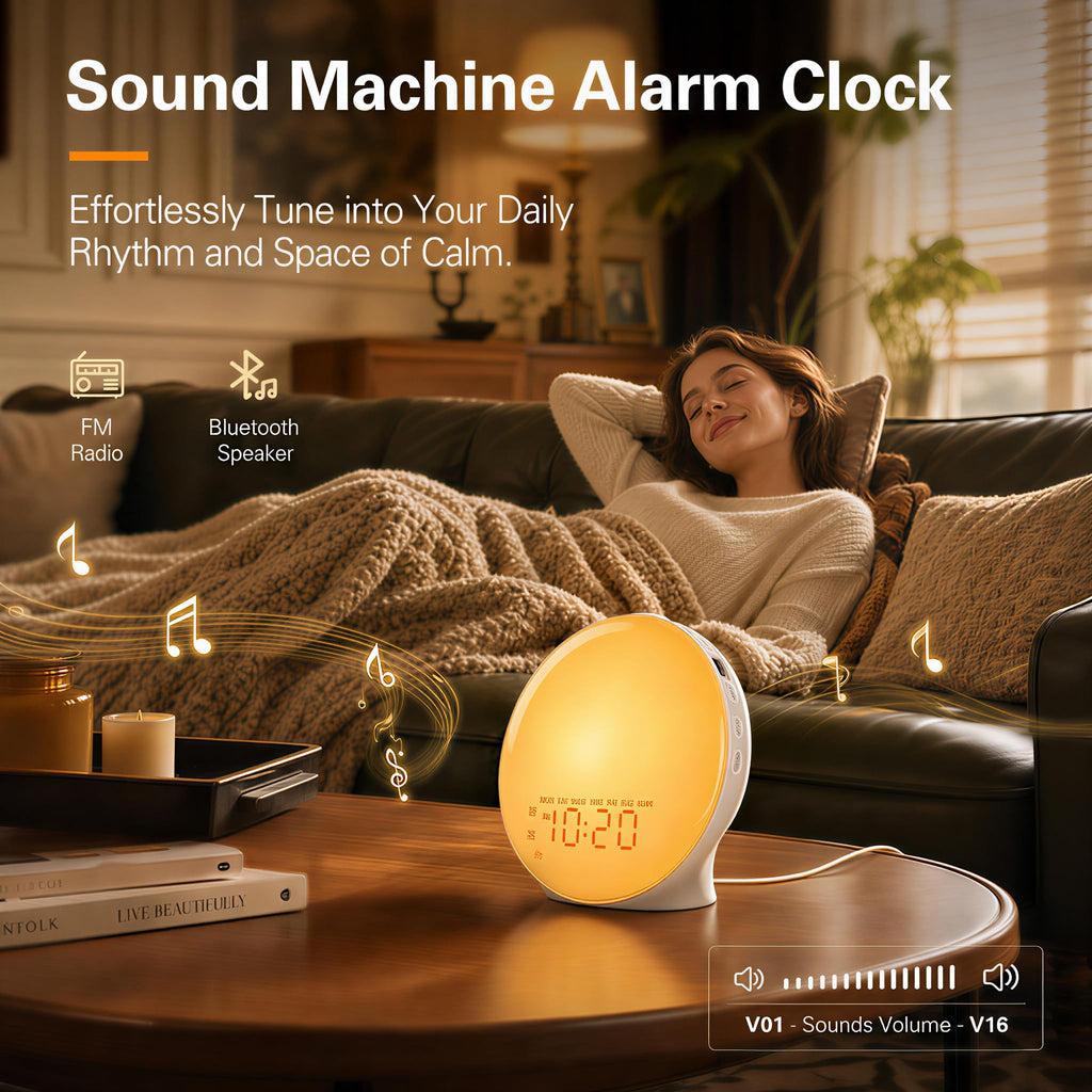 JALL Full-Screen Wake Up Light Sunrise Alarm Clocks for Bedrooms, White Noise Machine for Heavy Sleepers, 25 Natural Sounds, Dual Alarms, FM Radio, 17 Dimmable Colors, Bluetooth Speaker