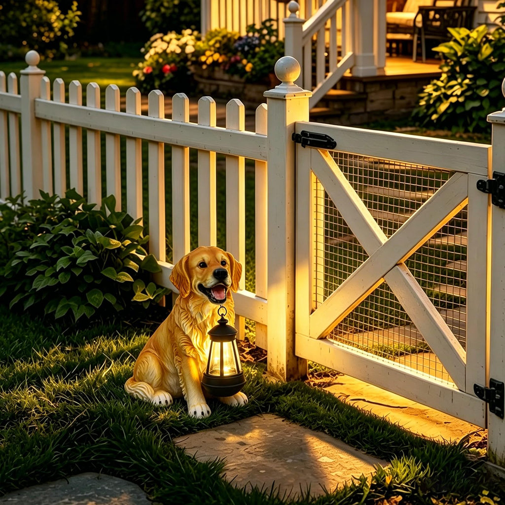 Golden Retriever Statue, Resin Solar Dog outdoor statues Holding Lantern
