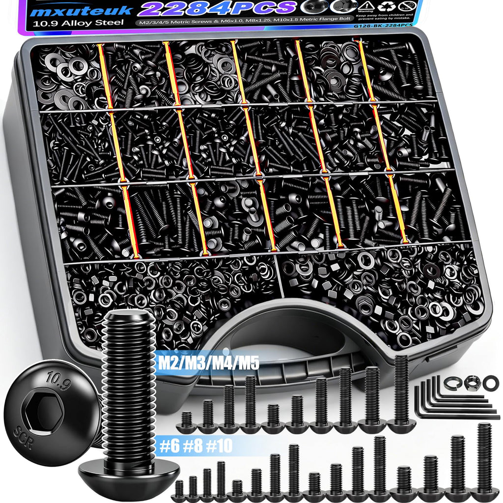 mxuteuk Machine Screws Assortment Kits,#6-32#8-32#10-24 M2 M3 M4 M5 SAE & Metric Screws Assortment Kits,10.9 Alloy Steel Hex Socket Button Head Nuts and Bolts Kit with 4 Hex Wrench(2284PCS)