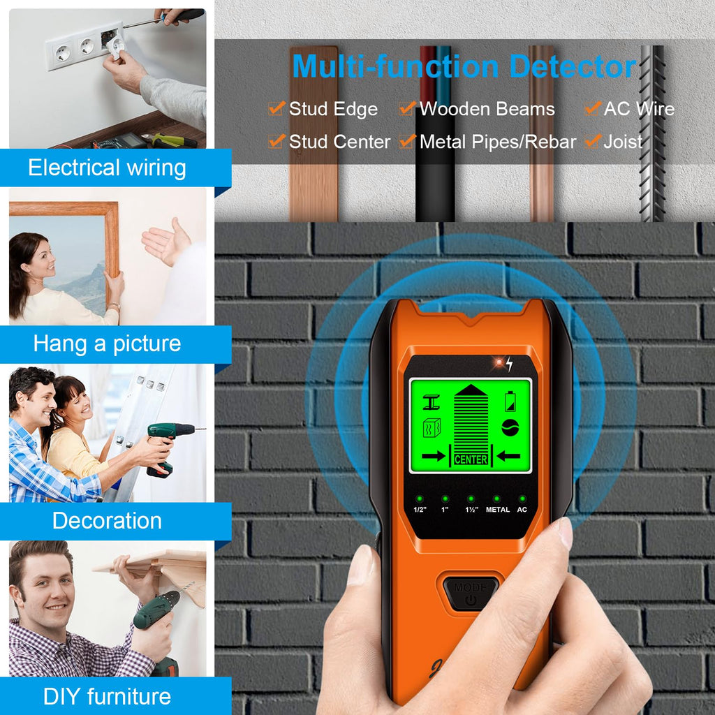 Stud Finder Wall Scanner, 5 in 1 Multifunction Stud Locator with Smart Sensor, HD LCD Display and Audio Alarm for The Center & Edge of Metal, Studs, AC Wire, and Pipe Detection (Tropical Orange)