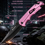 NedFoss FA48 Pink Pocket Knife for Women, 5-in-1 Tactical Knife with Clip, Glass Breaker, Seatbelt Cutter, Bottle Opener, Wrench, Aluminum Handle Survival Knife for Car Safety Essentials, Camping, Hunting