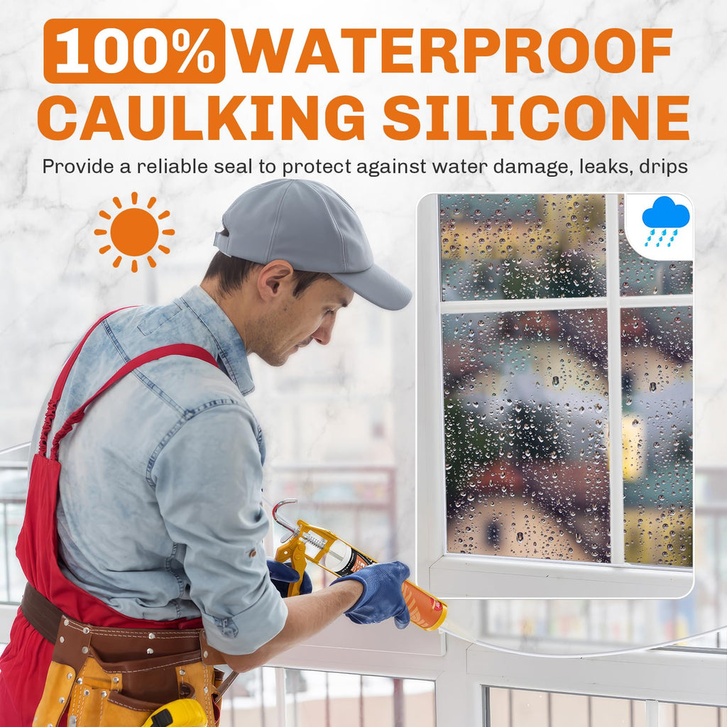 WELLUCK Clear Silicone Caulk, 100% Waterproof Silicone Sealant Adhesive Caulking,for RV, Kitchen,Bathroom, Window, Door, Glass,10.2FL.OZ/300ML (12 Pack)