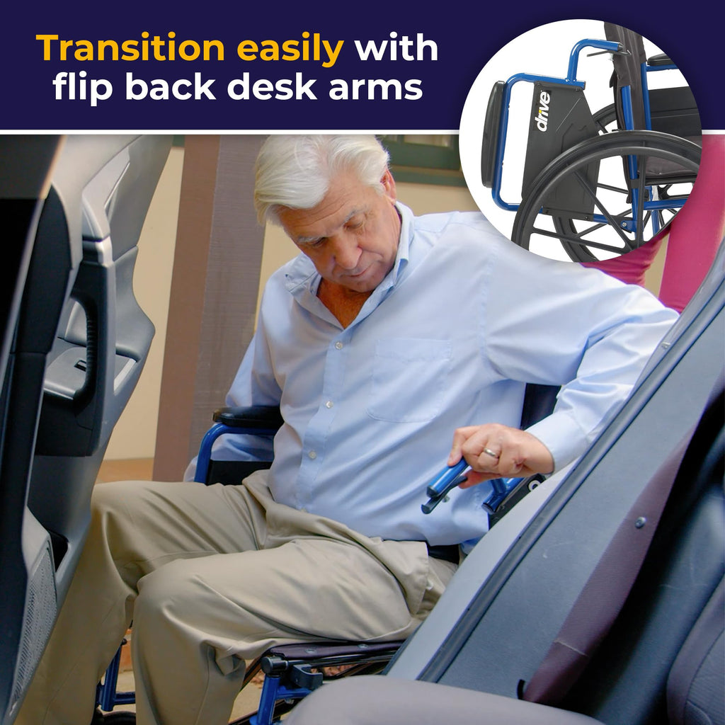 Drive Medical Blue Streak Lightweight Wheelchair - Portable Folding Mobility Aid - Swing-Away Footrests - Desk Arms - Durable Steel Frame - Easy Transport & Storage - 16-Inch Seat