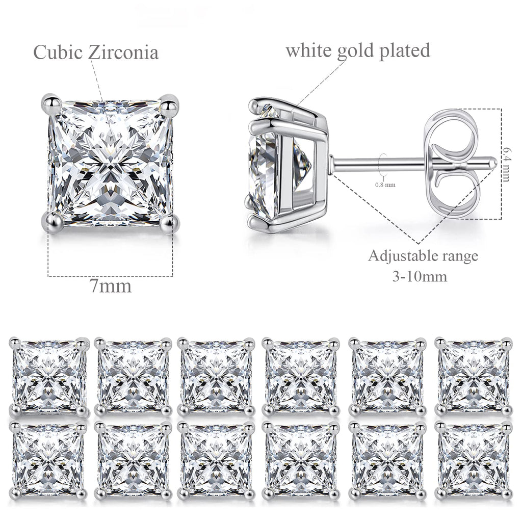 MDFUN 18K White Gold Plated 7.0 mm Princess Cut Clear CZ Stud Earrings Set