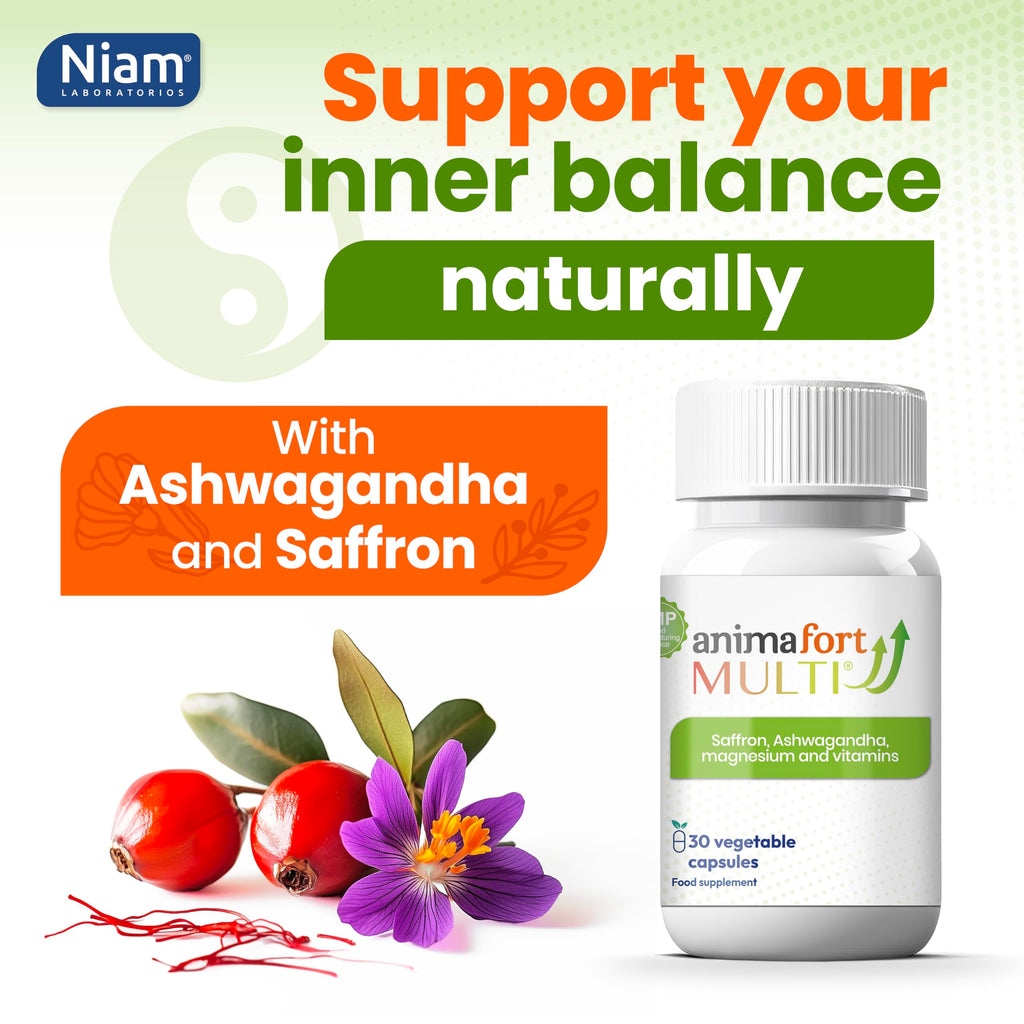 Ashwagandha KSM-66 & Saffron Supplement | Stress Relief, Mood & Emotional Balance | Vitamin B & Magnesium | Natural Pills for Mental Relaxation | 30 Capsules | AnimaFort Multi