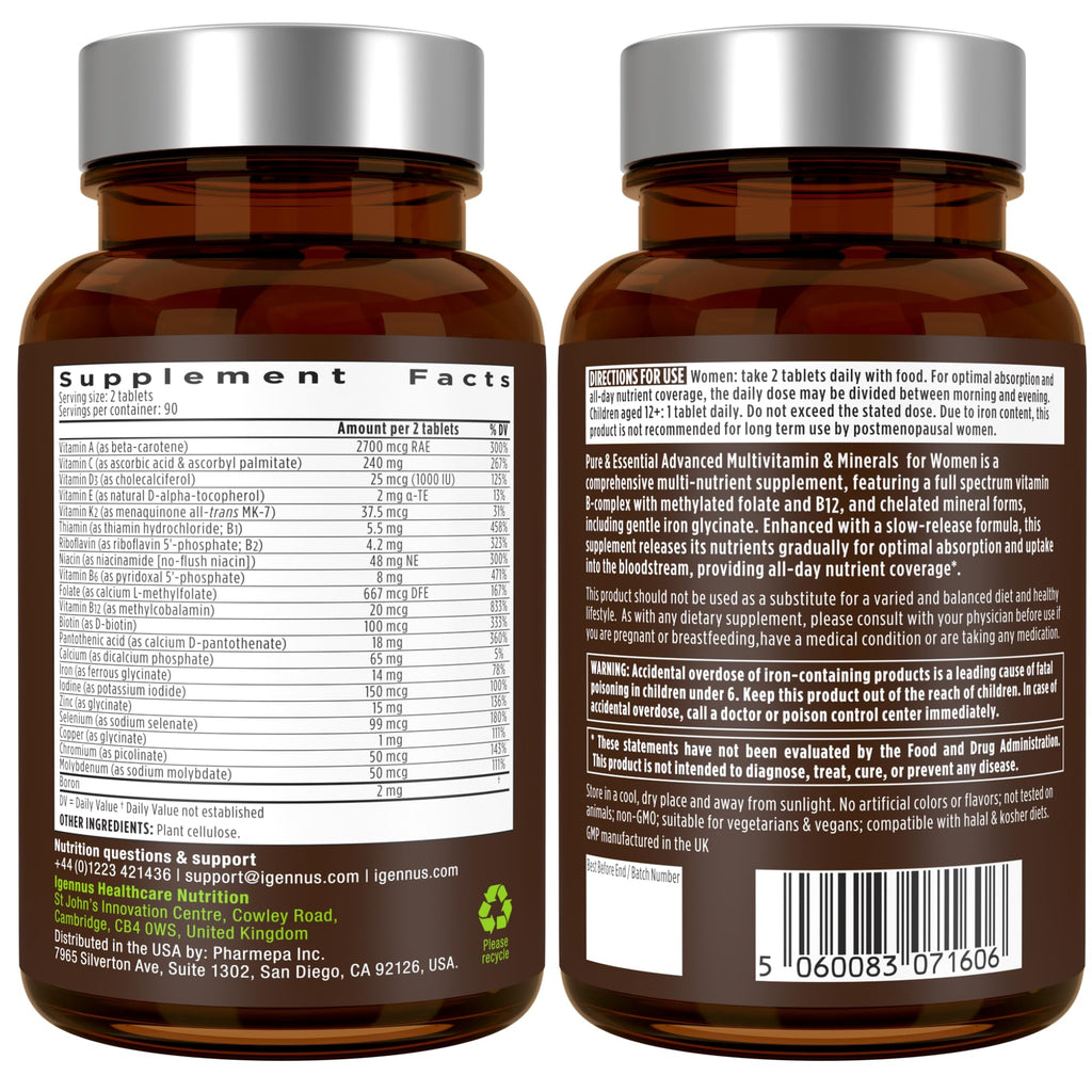 Igennus High Potency Methylated Multivitamin for Women with Gentle Iron, 5-MTHF Folate & Methylcobalamin B12, Pure & Clean, Sustained Release, Active B-Complex & K2 MK-7, Non-GMO, 180 Vegan Tablets