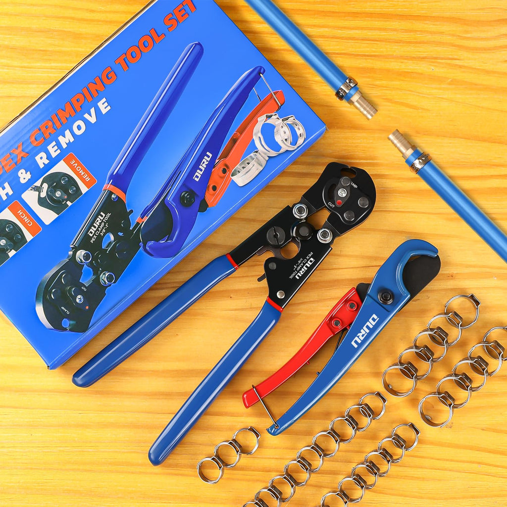 OURU 2 IN 1 Ratchet Pex Crimping Tool Cinch and Remove Combo Function Pex Pipe Crimp Tool from 3/8" to 1" Pex Crimper with Pex Cutter and Stainless Steel Pex Clamps 1/2" 25PCS,3/4" 10PCS