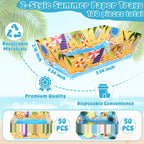 100 Pcs Pool Party Decorations, 5.94" x 3.34" x 2.16" Summer Beach Pool Party Snack Trays, Disposable Paper Food Trays with 2 Designs, Serving Plates for Tropical Hawaiian Summer Themed Decorations