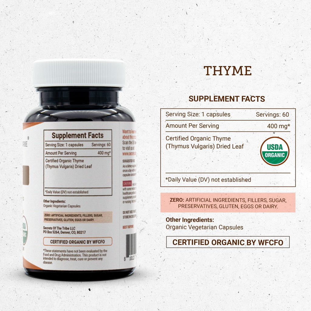 Secrets of the Tribe Thyme 60 Capsules, 400 mg, USDA Organic Thyme (Thymus Vulgaris) Dried Leaf (60 Capsules)