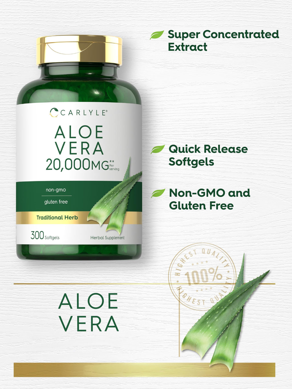 Carlyle Aloe Vera Softgel Capsules | 300 Count | Aloe Vera Gel Supplement | Non-GMO, Gluten Free