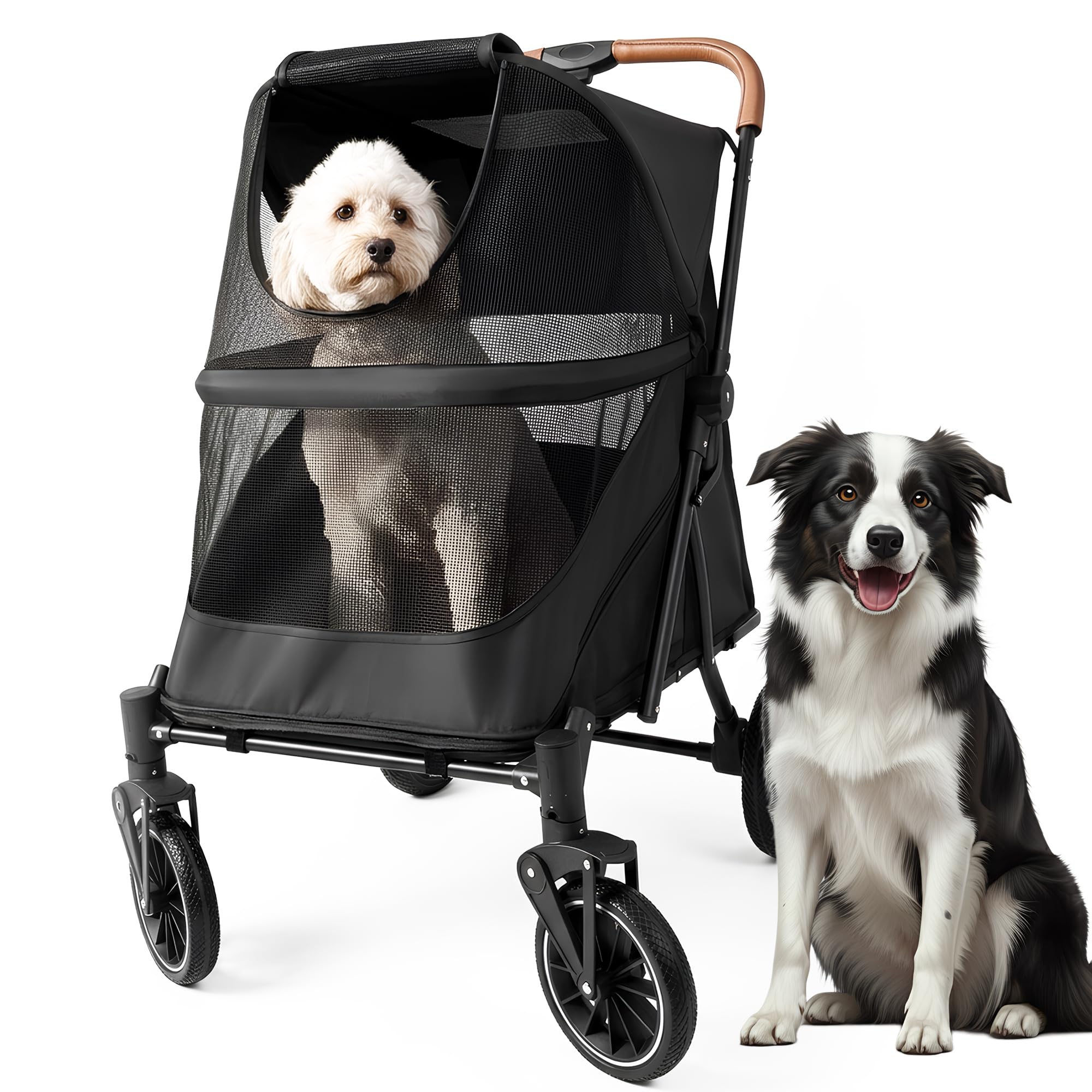 AdventEdge Premium Large Dog Stroller for Pets up to 55lbs, Dog Stroller for Medium Dogs, All-Terrain pet Stroller with Carbon Steel Frame & Breathable Mesh, Black & Grey (Large)