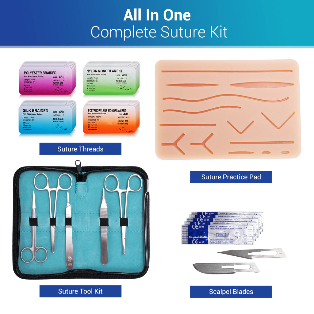 Alcedo Suture Practice Kit for Medical Students | Complete Set (32 Pieces) Include Durable Large Suturing Pad with Pre-Cut Wounds, Tools Kit, and Suture Threads for Educational Use Only