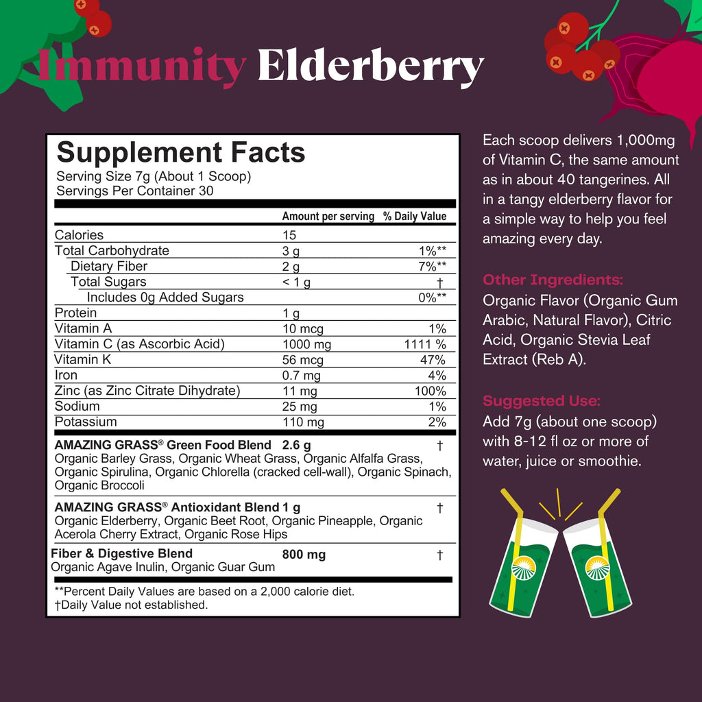 Amazing Grass Greens Blend Superfood Immunity, Super Greens Powder Smoothie Mix for Immune Support, Spirulina, Chlorella, Beet Root, Probiotics, Elderberry, 30 Servings, 7.4 Ounce (Packaging May Vary)