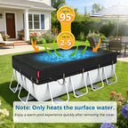 QH.HOME 9x18 ft Rectangular Pool Cover,Solar Cover for Above Ground Pools - Black Oxford Fabric Heats Water, Blocks Leaves & Sun, Windproof Snug Fit with Patented Ratchet & Weight Rings