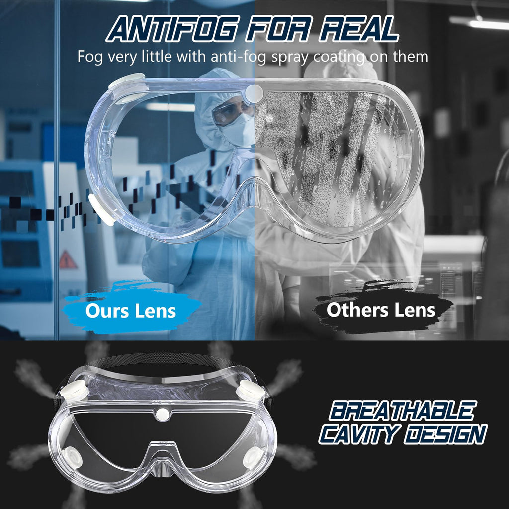 VOOVAO 3 Pack Anti-fog Safety Goggles ANSI Z87.1,Adjustable Chemistry Lab Goggles Over Glasses