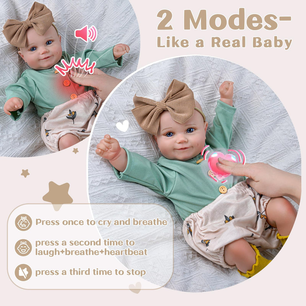 BABESIDE 3-in-1 Interactive Reborn Baby Dolls with Breathe Heartbeat Coos, 20Inch Soft Vinyl Poseable Realistic Baby Dolls Cute Smiling Real Life Baby Doll for 3+ Years Old Girls