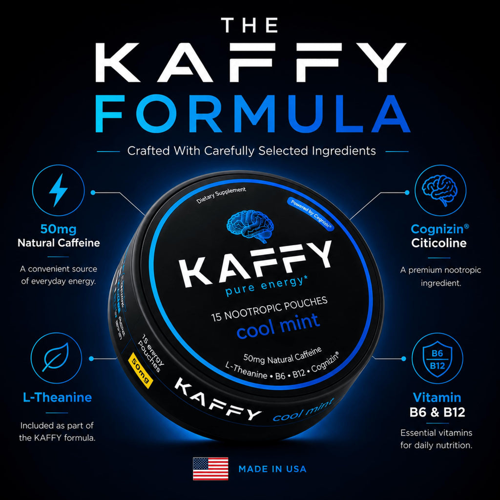 Kaffy Nootropic Caffeine Pouches with Cognizin & L-Theanine, 50mg Natural Caffeine Per Pouch, Nicotine-Free Energy & Focus Pouches, Coffee Alternative for Work, Travel & Daily Use, 75 Count Cool Mint