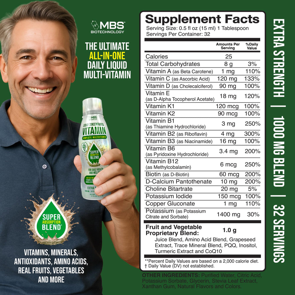 MBS Biotechnology Liquid Multivitamin for Adults – Complete High-Absorption Daily Vitamin with Superfoods, CoQ10, B-Complex, Turmeric & PQQ – Immune & Energy Support – Berry Flavor, 17 oz