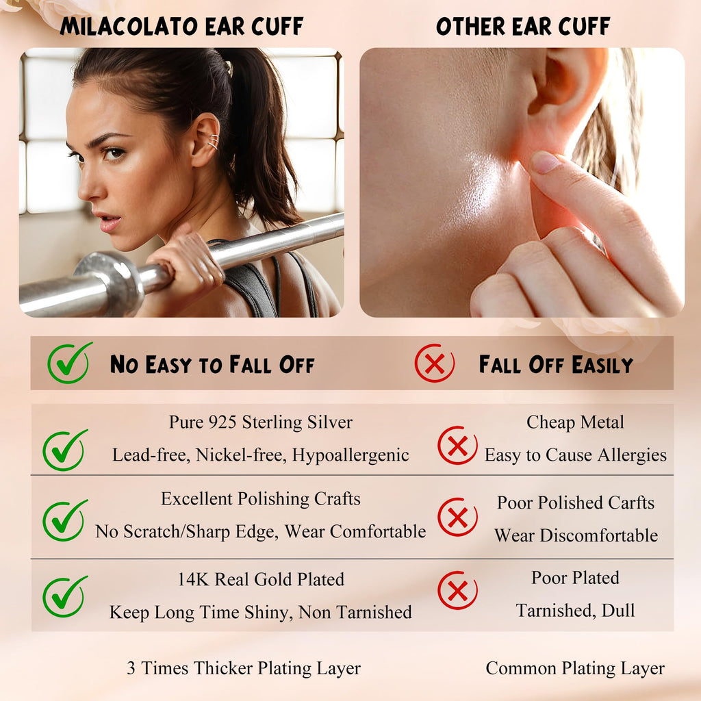 MILACOLATO 925 Sterling Silver Ear Cuffs for Women Non Piercing Earrings