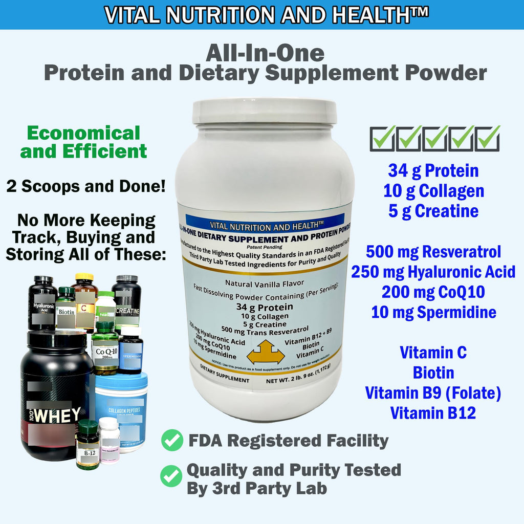 Vital Nutrition and Health All-in-One Powder: Protein, Collagen, Creatine, Resveratrol, Spermidine, Hyaluronic Acid, CoQ10 + Key Vitamins