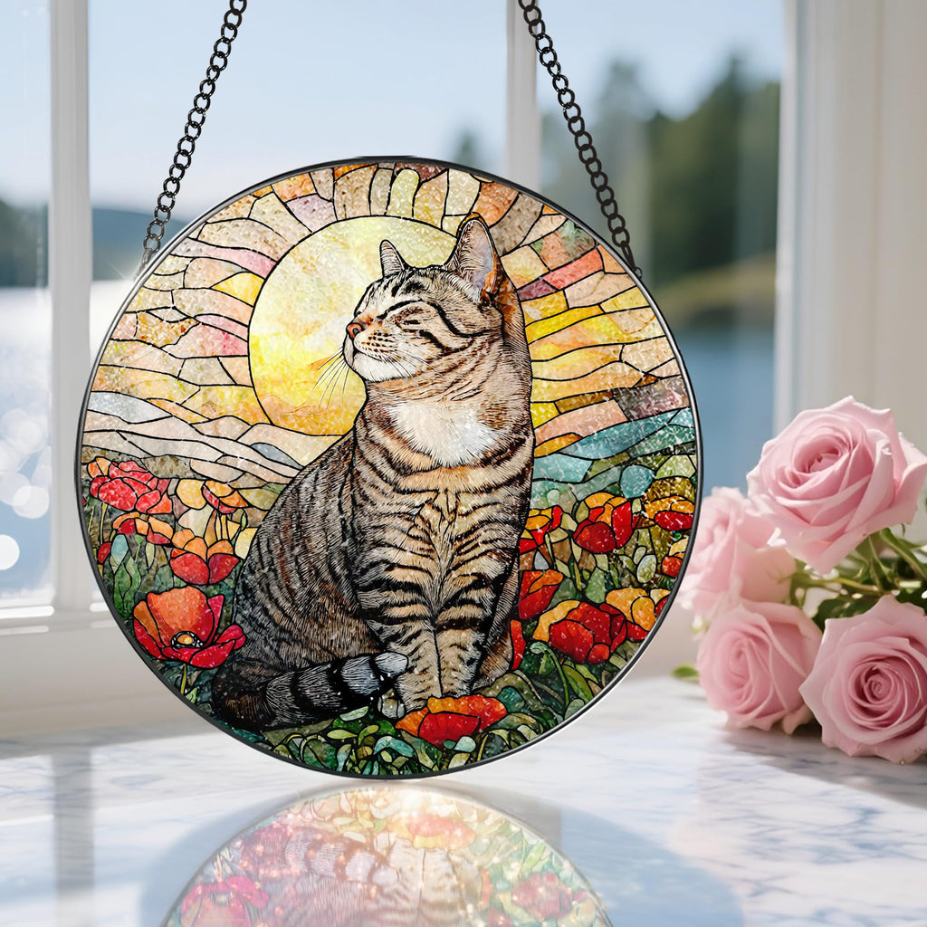 Stained Glass Window Hanging, 8 Inch Cat Stained Glass Ornament, Suncatchers for Windows Hanging, Suncatcher Decorations for Windows, Window Decor, Gifts for Cat Lovers