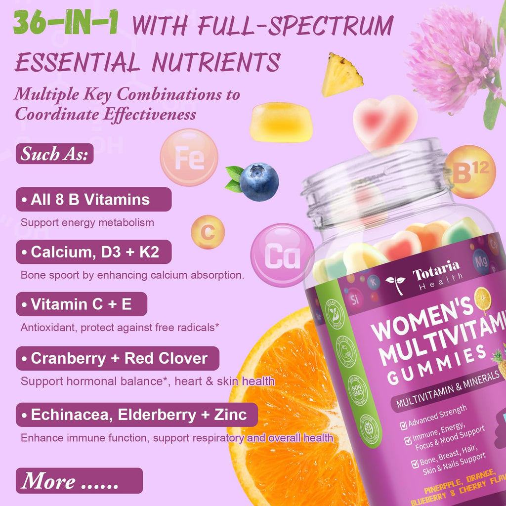 Totaria Sugar Free Multivitamin Gummies for Women 14+ w/Iron, Inositol, Folate, Biotin, Womens Daily Multivitamin Gummy w/Vitamin A, C, B, D3, K2, for Hair, Skin, Energy, Immune, Mixed Flavors