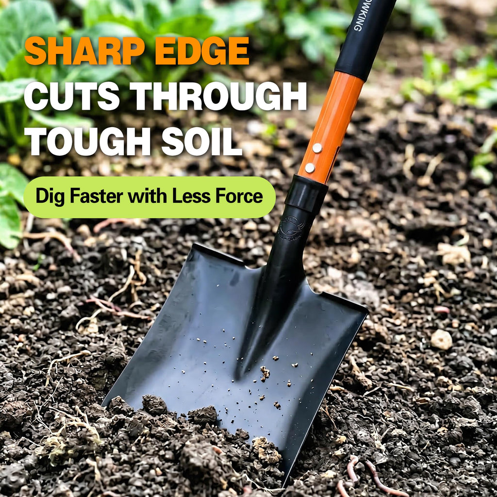 FARMHOLYCOWKING Heavy Duty Steel Flat Shovel–Square Head Shovel with Detachable D-Handle and Anti-Slip Grip, 47 Inch Flat Shovel for Landscaping, Square Shovel for Gardening, Transfer Shovel