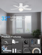 Phylluz 32'' Small Ceiling Fan with Light, Mini Low Profile Flush Mount Fan for Hallway & Closet, Quiet DC Motor, Modern Tiny Space Ceiling Fan with App/Remote Control, White