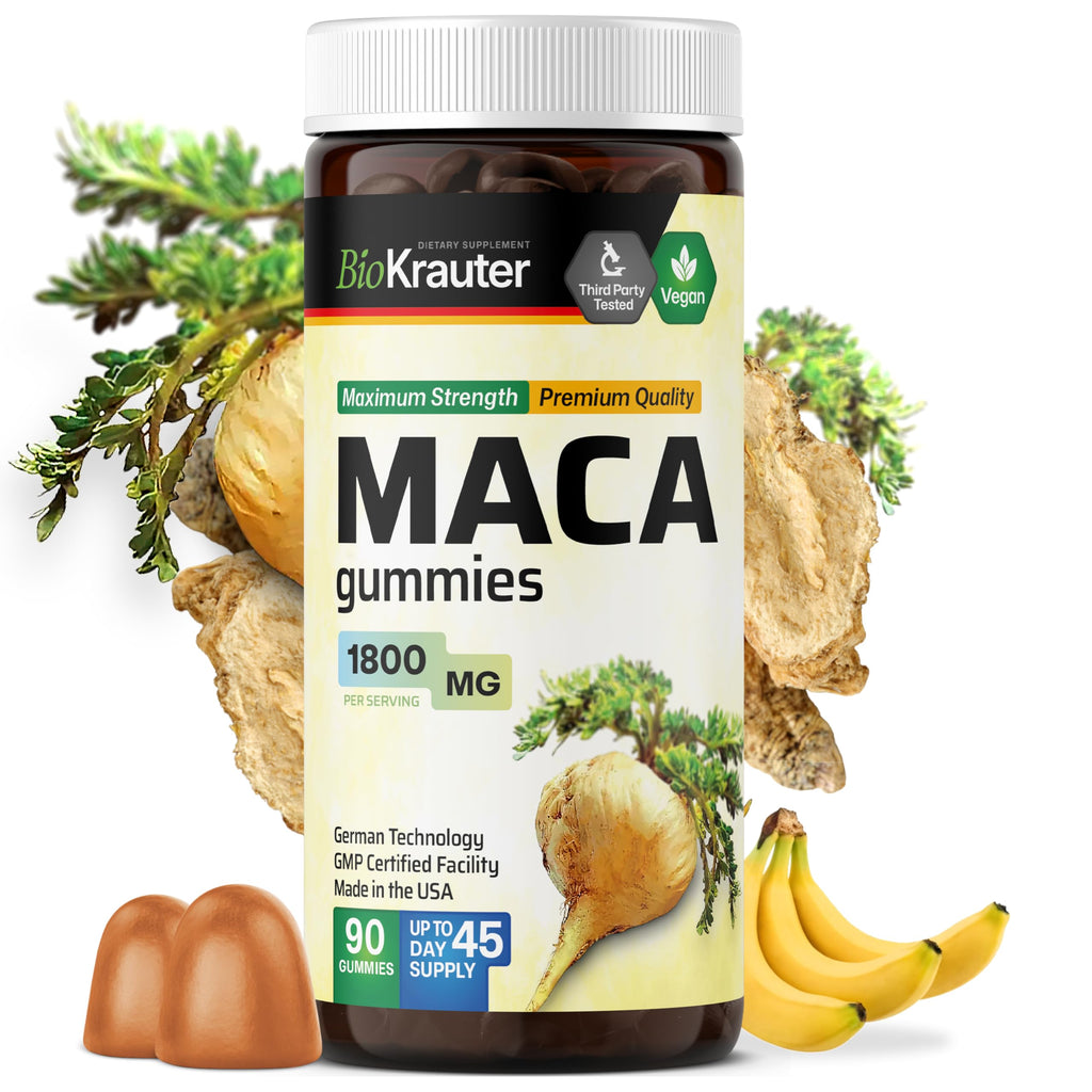 BIO KRAUTER Maca Root for Women and Men - Black, Red & Yellow Maca Supplement 1800 mg for Drive, Performance & Energy Support - 90 Gummies, 45-Day Supply, Non-GMO, Banana Flavor