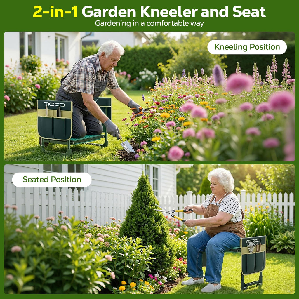 MoKo Garden Kneeler, 350 lb Foldable Garden Kneeler and Seat Tool Bag,Green